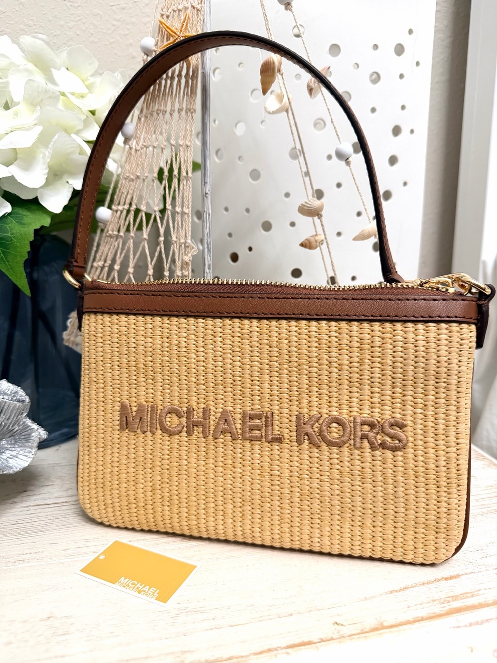 MICHAEL KORS Natural Woven Straw Large Wristlet with Brown Trim